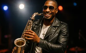 Man in a black leather jacket smiles and plays a saxophone under stage lights.