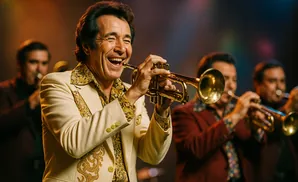 A man in a cream suit and patterned shirt plays a trumpet, smiling. Others play trumpets behind him.