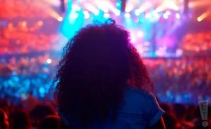 a rear-view photograph depicting the view directly from behind an african american woman watching a live performance at the h-town blues festival at the nrg arena in houston