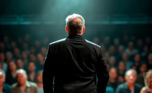 a rear view photo of jimmy vaughn performing a concert on stage to a lively audience