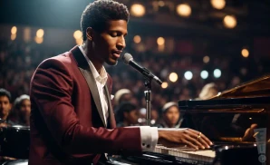 a rear view photo of jon batiste performing a concert on stage to a lively audience