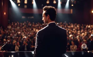 Man in a suit facing a crowd in a theater, with spotlights overhead.