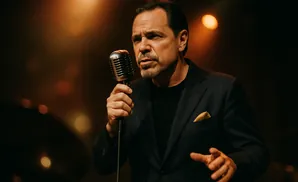 Man in a dark suit and t-shirt singing into a vintage microphone, with a gold pocket square.