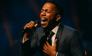 Man in a suit sings passionately into a microphone, with one hand on his chest.