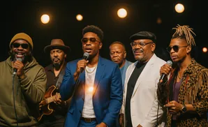 A band of Black men sing into microphones on a dimly lit stage, with lights illuminating from behind them.
