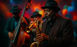A jazz band performs with a saxophonist in the foreground.