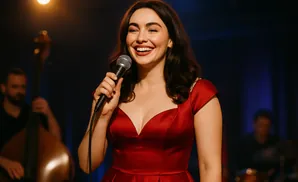 A woman in a red dress sings into a microphone on stage, with musicians blurred in the background.