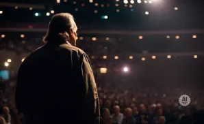 Man in a dark jacket on stage addresses a large, dimly lit audience.