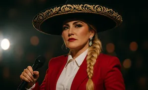 Woman in a red suit and sombrero holding a microphone, with a spotlight behind her.