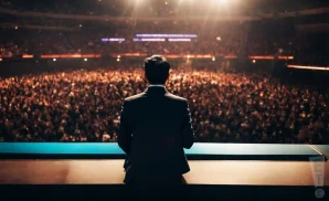 A man in a suit stands on a stage facing a large, cheering crowd in a stadium.