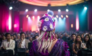 A person in a purple, flower-decorated hat and outfit faces away from the camera, seated in a crowded auditorium.
