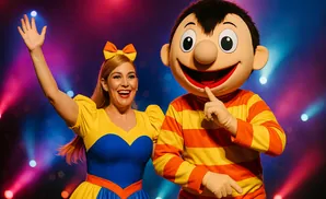 A woman in a yellow and blue dress waves as a character in a striped shirt holds a finger to his lips.