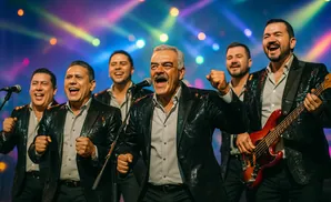 A band performs on stage with colorful lights in the background.