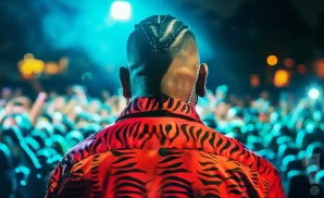 a rear view photo of don omar performing a concert on stage to a lively audience