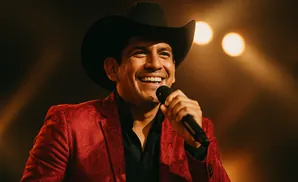 A man in a cowboy hat and red suit smiles while holding a microphone on stage.