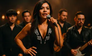 A female singer holds a microphone and wears a low-cut black jumpsuit with rhinestone accents, performing with a band in the background.