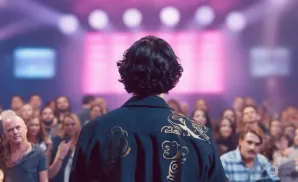 Person in a dark jacket with gold design facing a blurred crowd at a concert.