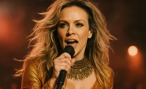 A blonde woman in a sparkly gold outfit sings into a microphone, with her mouth open and hair blowing.