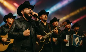 A band of men in cowboy hats and black leather jackets perform on stage, with the lead singer holding a microphone.