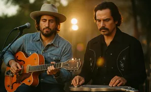 Two men playing guitars outdoors at sunset.