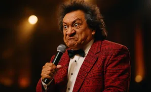 Comedian with a funny face holding a microphone on stage.