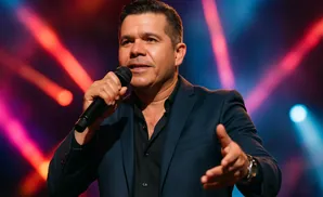 A man in a suit speaks into a microphone on a stage with dramatic lighting.