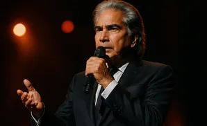 A man in a suit and tie holds a microphone and gestures with his left hand while speaking into the mic.