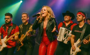 A female singer in a black leather jacket and red sequined pants performs with a band on stage.