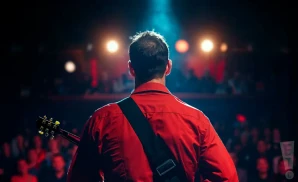 a rear view photo of la lom performing a concert on stage to a lively audience