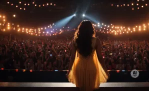 A woman in a yellow dress on stage, facing a cheering crowd at a concert.