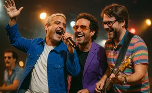 Three men singing and playing music on stage with colorful lighting.