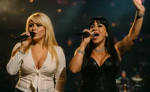 Two women singing into microphones on stage. The woman on the left has blonde hair and wears a white top. The woman on the right has dark hair and wears…