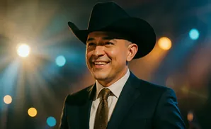 Man in a black cowboy hat and suit smiles, lit by warm and blue spotlights.