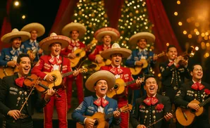 A mariachi band in colorful suits and sombreros plays instruments in front of a Christmas tree.