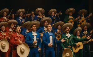 A mariachi band performs, with singers in blue and red suits and sombreros singing into microphones.