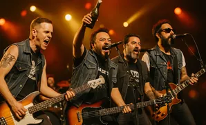 A rock band performs on stage, with members playing guitars and singing into microphones.