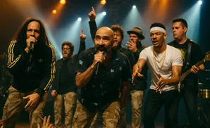 Band performs on stage with a lead singer holding a microphone and gesturing to the audience.