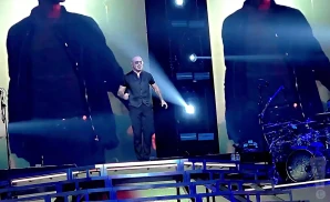 a rear view picture of pitbull performing on stage to a large audience