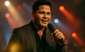 Man in a suit holding a microphone, smiling with stage lights in the background.
