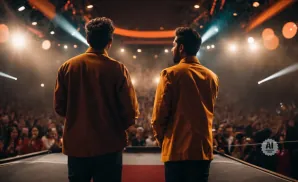 Two men in orange jackets face a large, brightly lit audience from a stage.