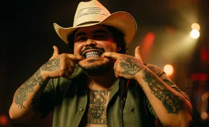 A man with a cowboy hat and gold teeth smiles, pointing to his teeth with his thumbs, showing off his tattoos.