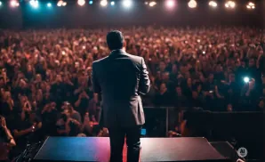 A man in a suit stands on stage facing a large, cheering crowd in a dimly lit auditorium.
