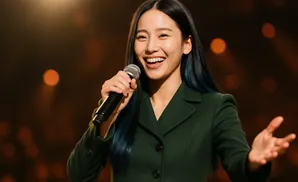 A young woman smiles and holds a microphone, gesturing with her other hand.