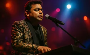 A.R. Rahman performs on stage wearing a black and gold embroidered jacket, singing into a microphone.