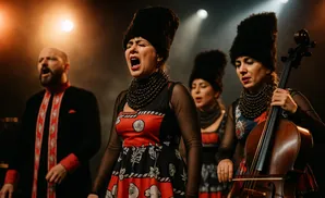 A choir performs, with a man singing and two women singing and playing a cello.