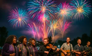 A band plays music in front of a colorful fireworks display.