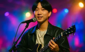 A young man with black hair plays a guitar and sings into a microphone on a stage with colorful lights.