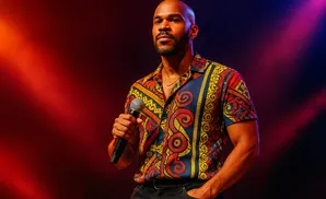 A bald man with a beard holds a microphone and wears a colorful, patterned shirt.