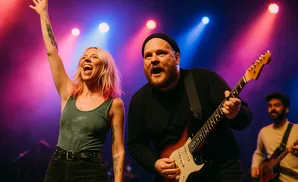 A woman with pink-tipped hair raises her arm while singing, next to a man playing guitar on stage.