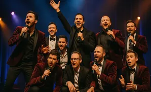 A group of nine men in formal wear singing into microphones on a stage.